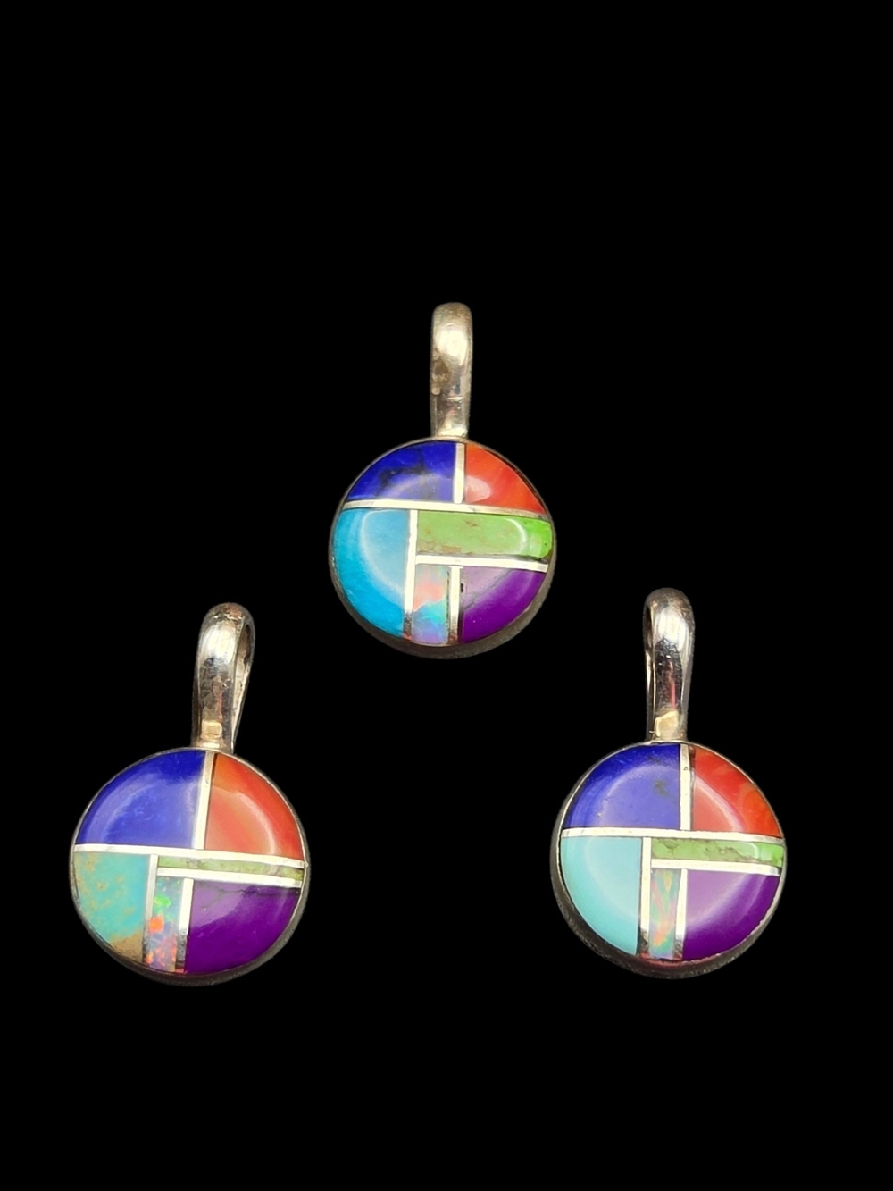 Color-Block Round Inlay Pendant Necklace - Multi-Color Sterling